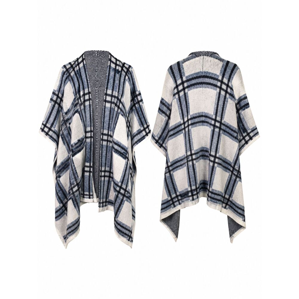 Soft Surroundings Plaid Ruana Poncho Wrap Cardigan One Size Blue Gray